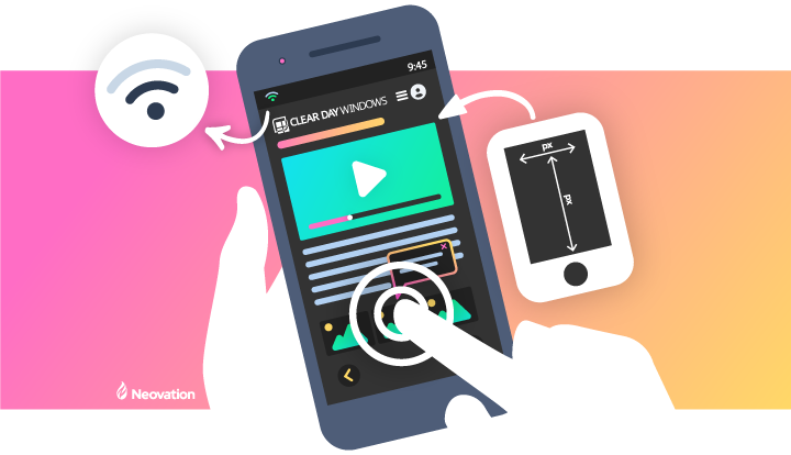 Illustration of a learner tapping a video hotspot on a phone, with icons for screen size and wireless bandwidth.