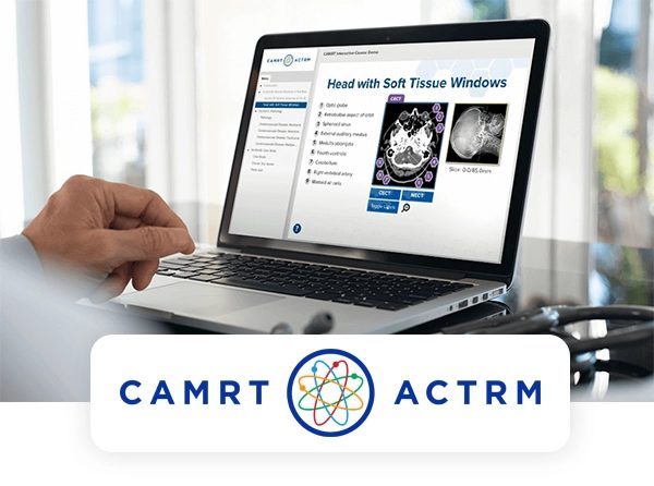 CAMRT logo over a photo of a CAMRT eLearning course on a laptop.