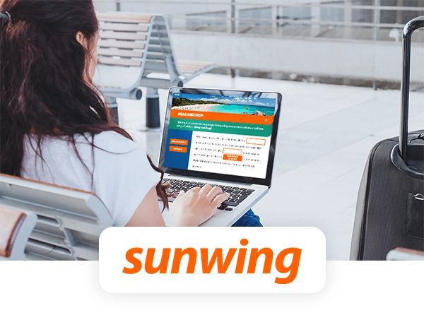 Sunwing logo over a photo of a learner taking a Sunwing eLearning course on a laptop.