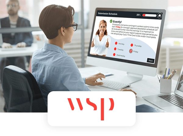 WSP logo over a photo of a learner taking a WSP eLearning course on a desktop computer.