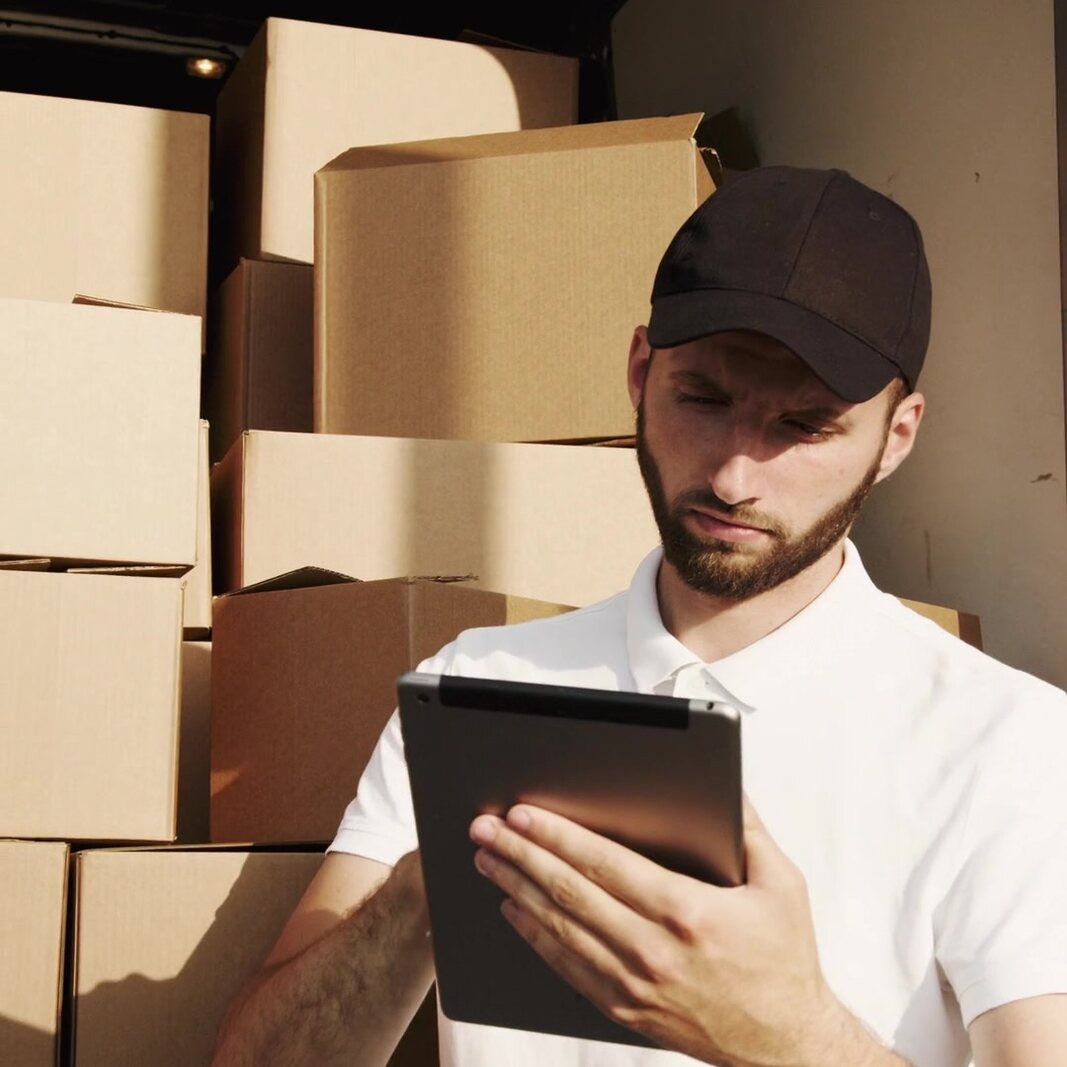 A delivery worker checks something on a tablet among the boxes in his van.