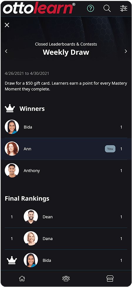 An OttoLearn leaderboard on a phone for a weekly draw, listing three winners and the final rankings with each learner's photo and points.