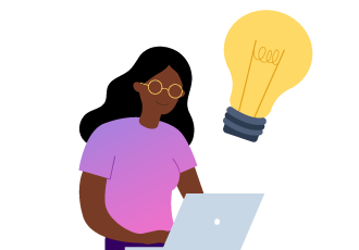 Character with a laptop and a giant lightbulb in the corner.