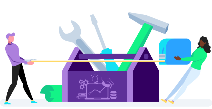 Two characters holding a tape measure in front of a large toolbox.