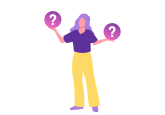 Character holding two question marks in bubbles.