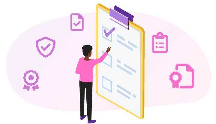 A character pointing at a checklist on a clipboard.