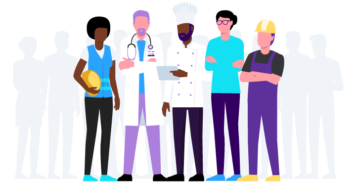 Characters depicting different frontline or deskless professions, like construction workers and doctors.
