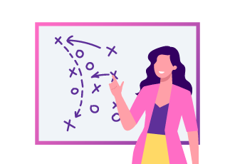 Character pointing at a game plan chart.