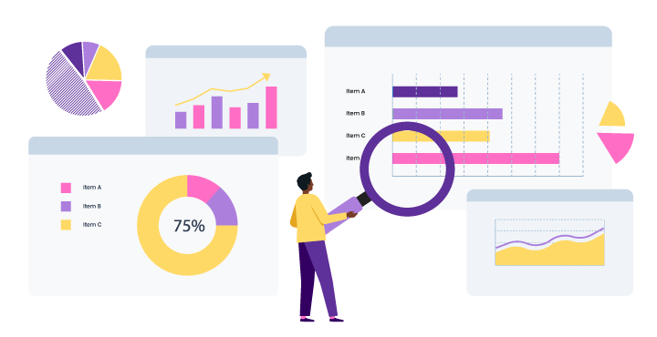 Character holding a large magnifying glass, looking at a series of charts and graphs.
