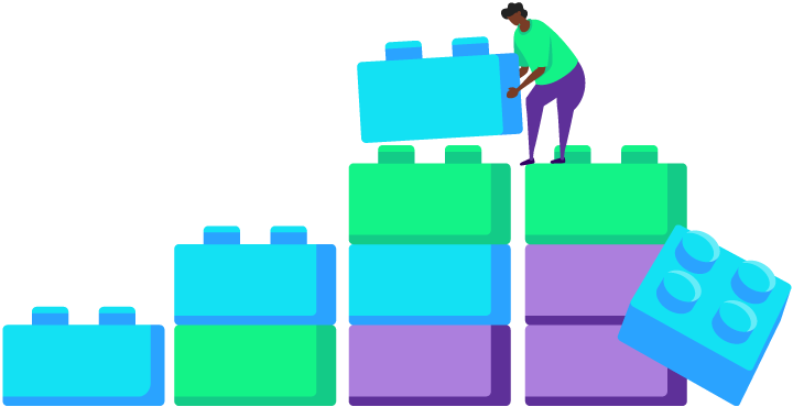 Character making a tower out of toy bricks.