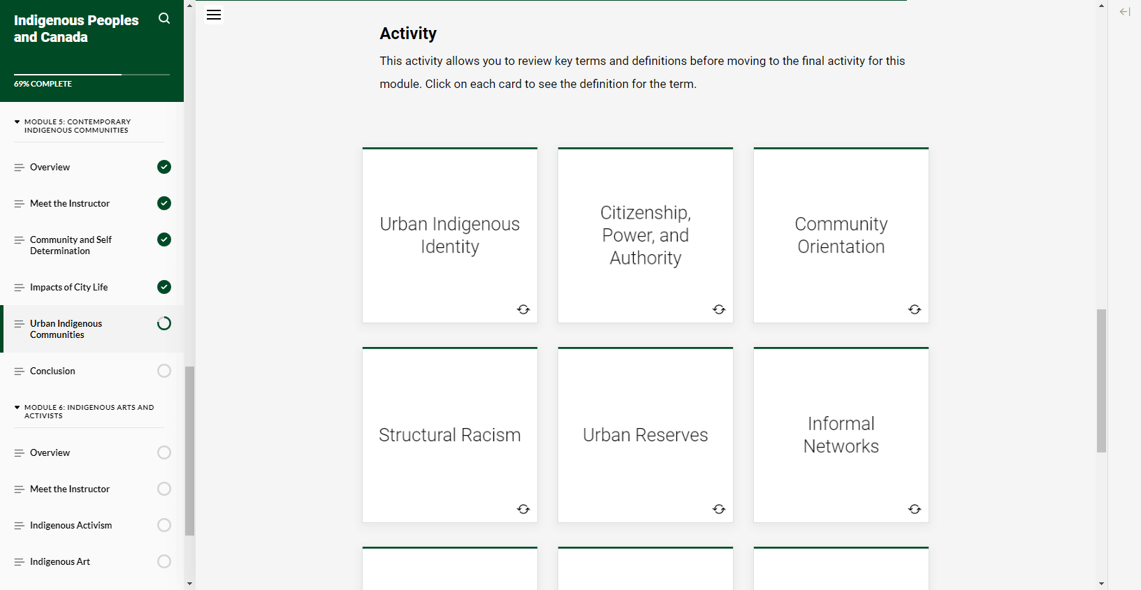Course screenshot of a review activity