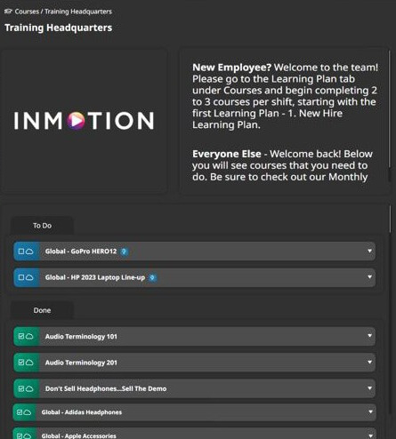 The InMotion training dashboard in SmarterU, with product courses to do and done