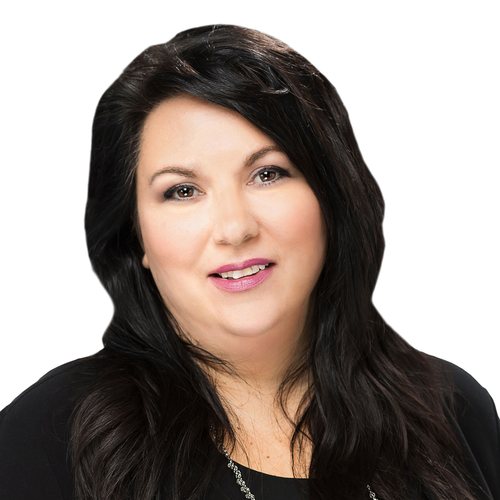 Smiling woman with dark, shoulder-length hair, wearing a black jacket over a black shirt