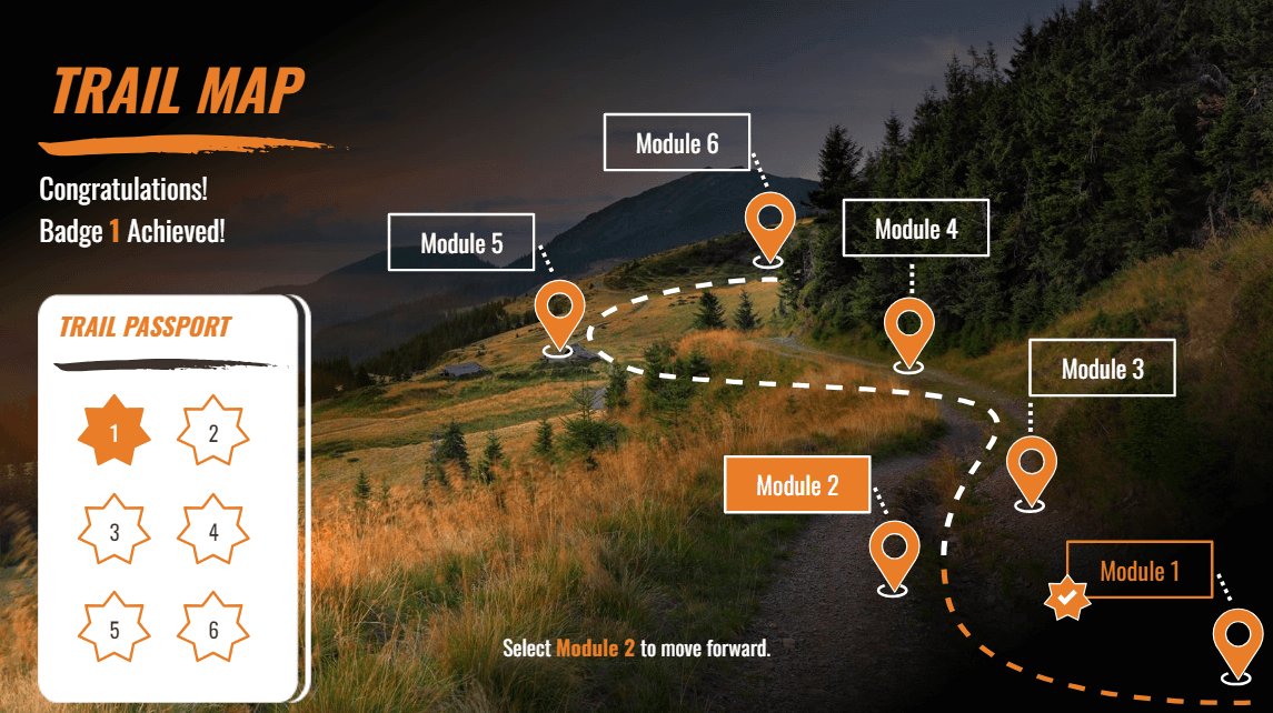 A trail map screen showing a badge earned and the next module to unlock